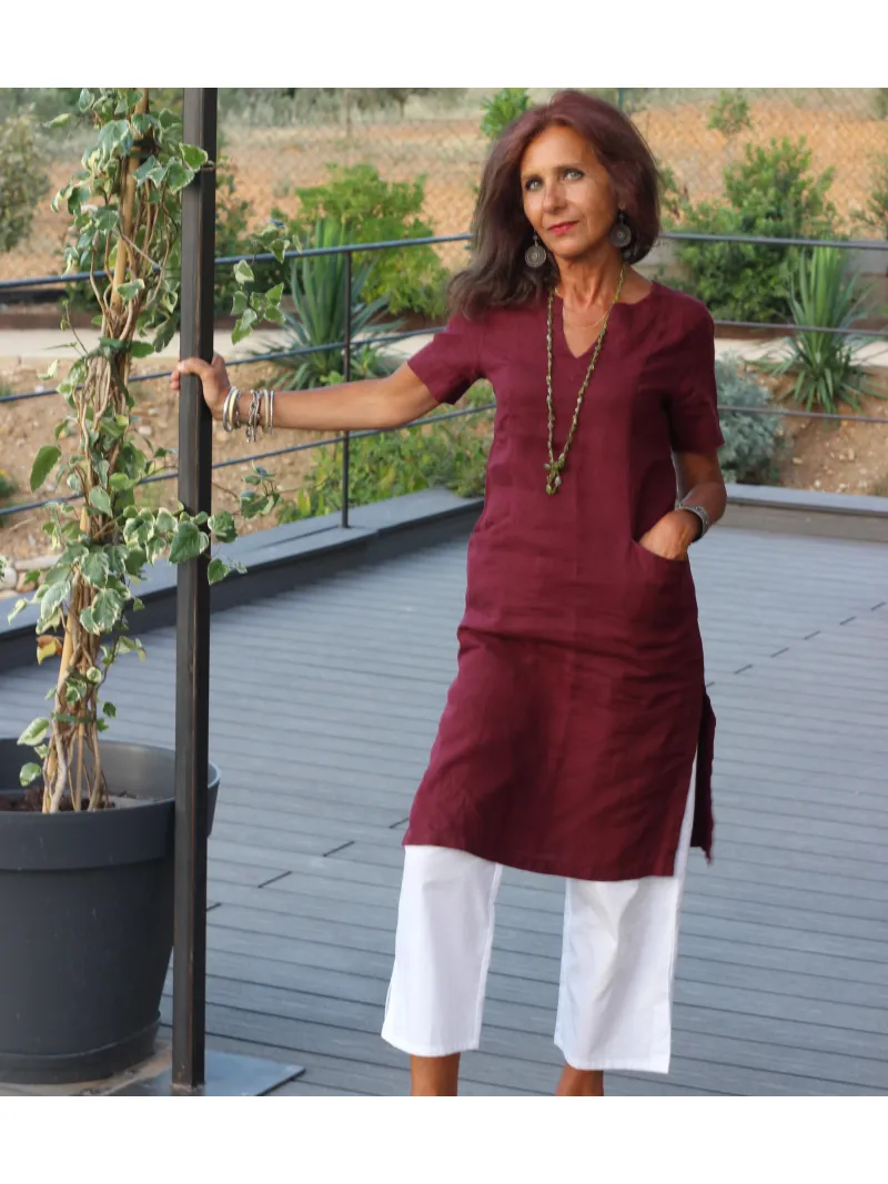 Linen dress short sleeved eggplant LUBERONE