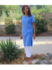 Linen slit dress short sleeve royal blue 