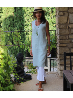 Robe en lin gris vert fendue sans manche