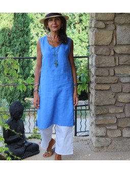 Robe en lin fendue sans manche bleu roi