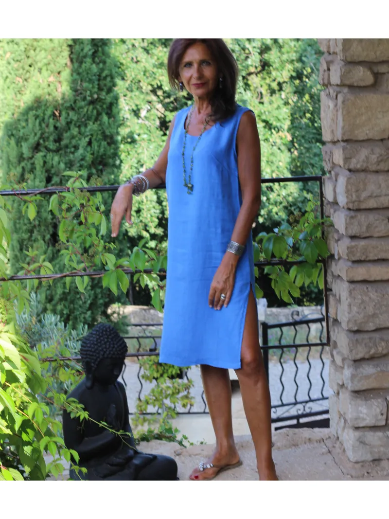 Robe lin fendue sans manche bleu roi