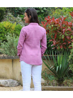 Chemise en lin parme manche longue pour femme de dos