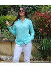 Chemise en lin turquoise manche longue pour femme 