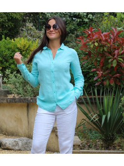 Chemise en lin turquoise manche longue pour femme