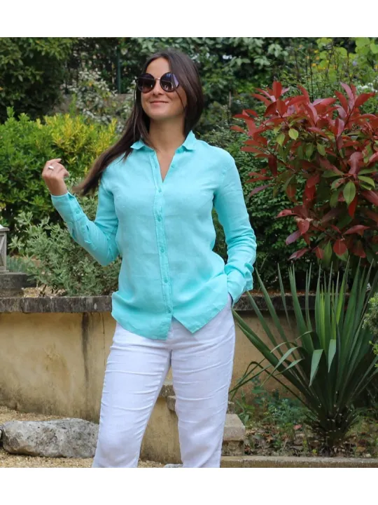 Linen shirt turquoise long sleeve for women