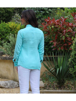 Chemise en lin turquoise manche longue pour femme de dos