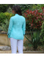 Chemise en lin turquoise manche longue pour femme de dos