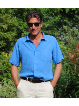 Royal blue short sleeved linen shirt for men