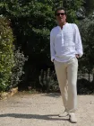 White long-sleeved linen polo shirt 
