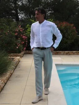 White collarless linen shirt for men