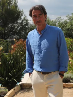 Royal blue collarless linen shirt for men