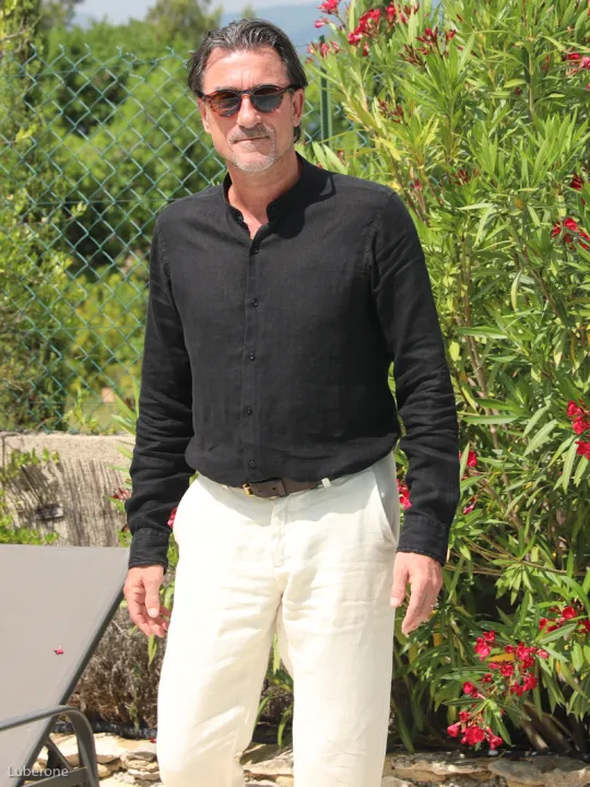 Black collarless linen shirt for men