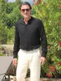 Black collarless linen shirt for men