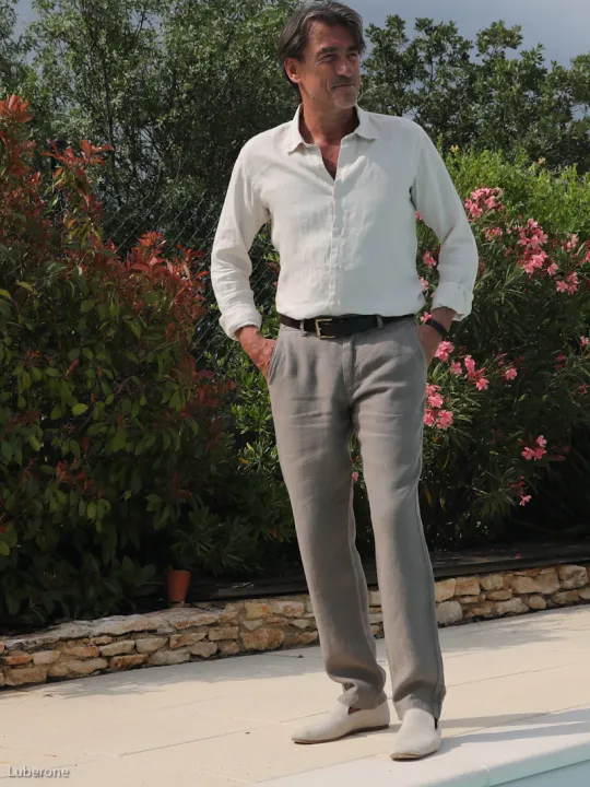 Pantalon en lin grège homme