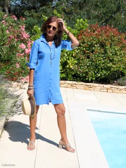 Robe chemise en lin bleu roi