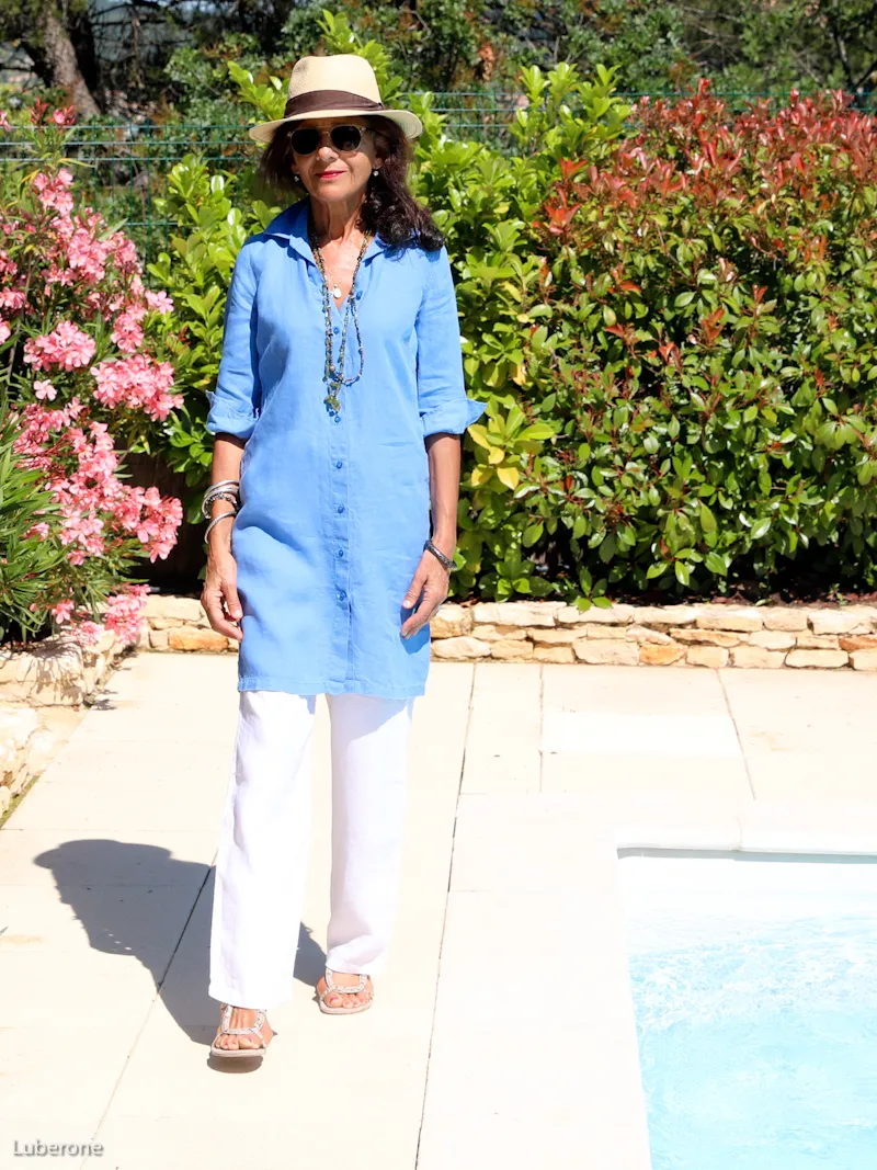 Robe chemise en lin bleu roi avec pantalon