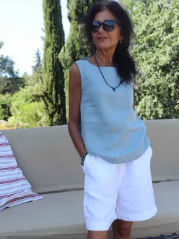 Top en lin gris bleu sans manche