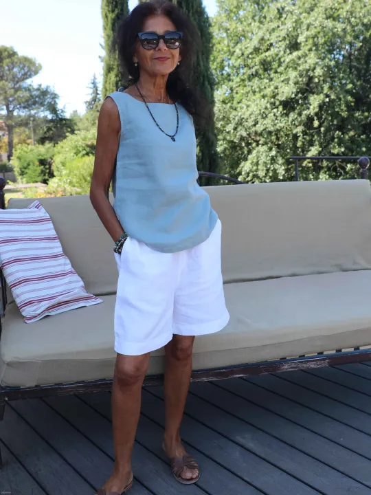 Top lin gris bleu sans manche