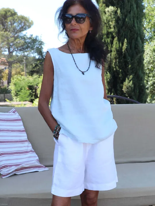 Bermuda femme lin blanc élastique
