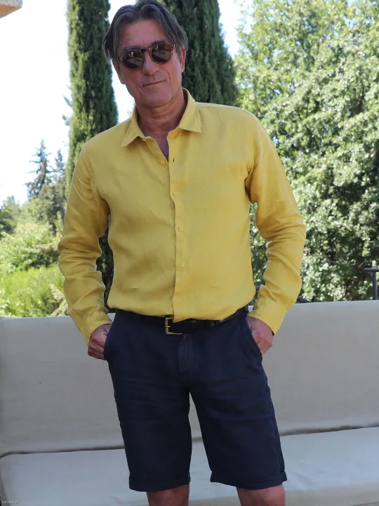 Chemise en lin jaune homme manches longues – Luberone