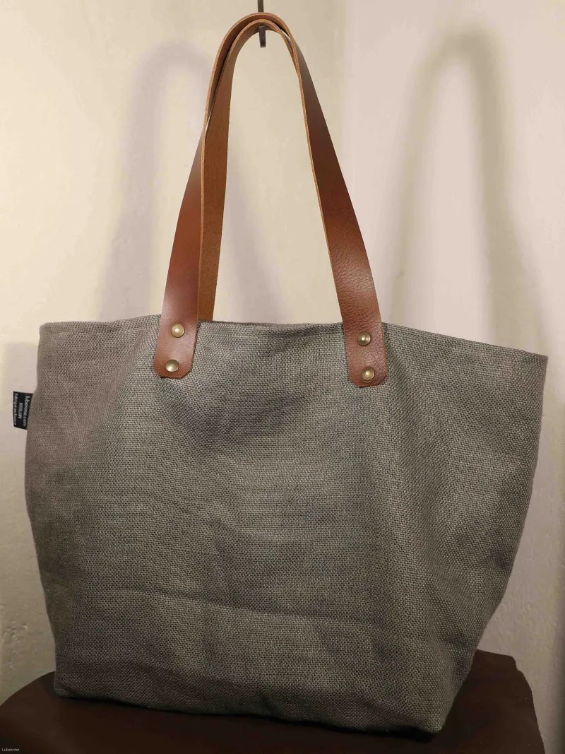 Sac en lin taupe anse en cuir