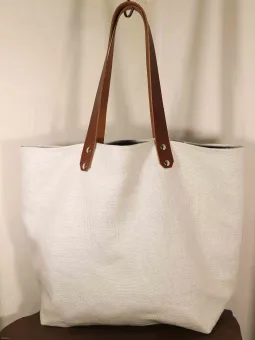 sac en lin gris argent anses en cuir