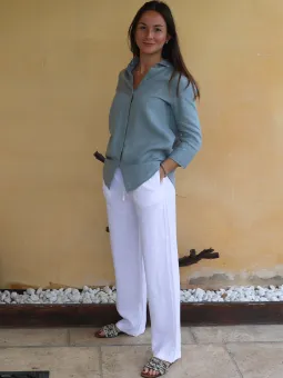 Chemise en lin gris vert manche 3/4 pour femme