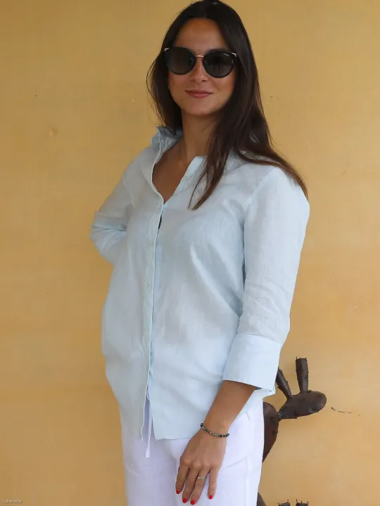 Chemise en lin bleu ciel manche 3 4 pour femme