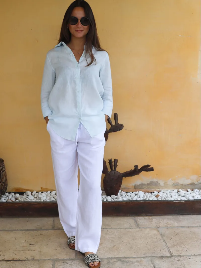 Chemise lin bleu ciel manche 3/4 pour femme