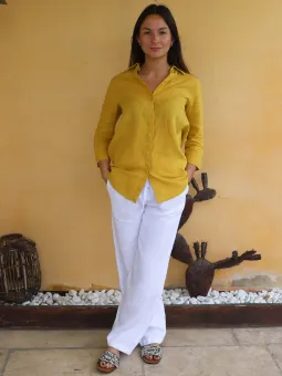 Chemise en lin jaune manche 3/4 femme