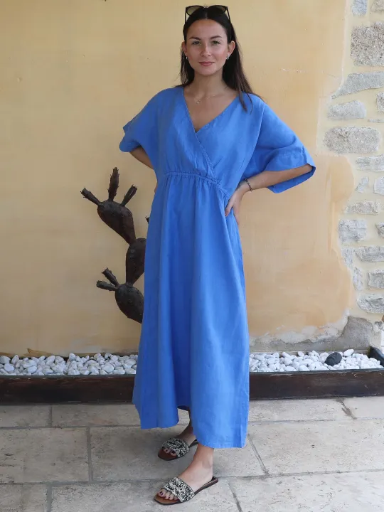 Robe longue en lin bleu roi manche raglan LUBERONE