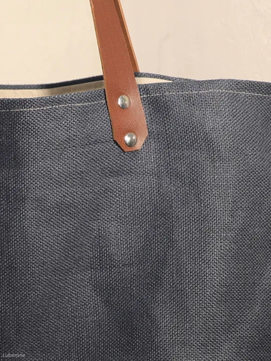 Navy linen tote bag Leather handles