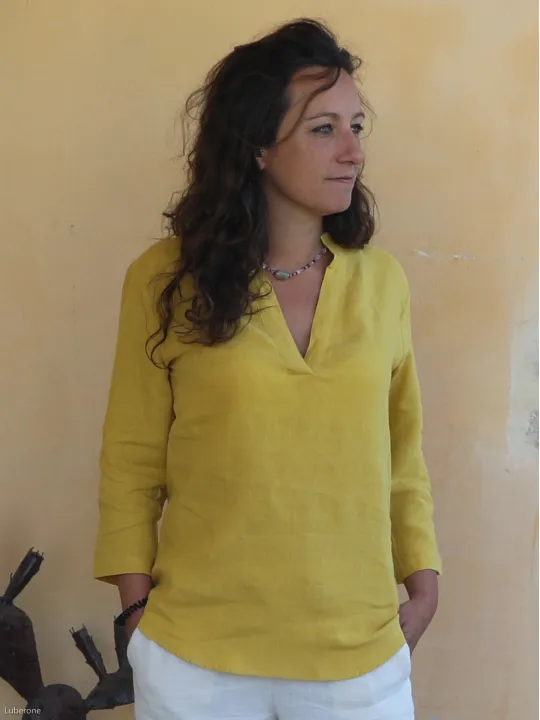 Top en lin jaune manche trois quart