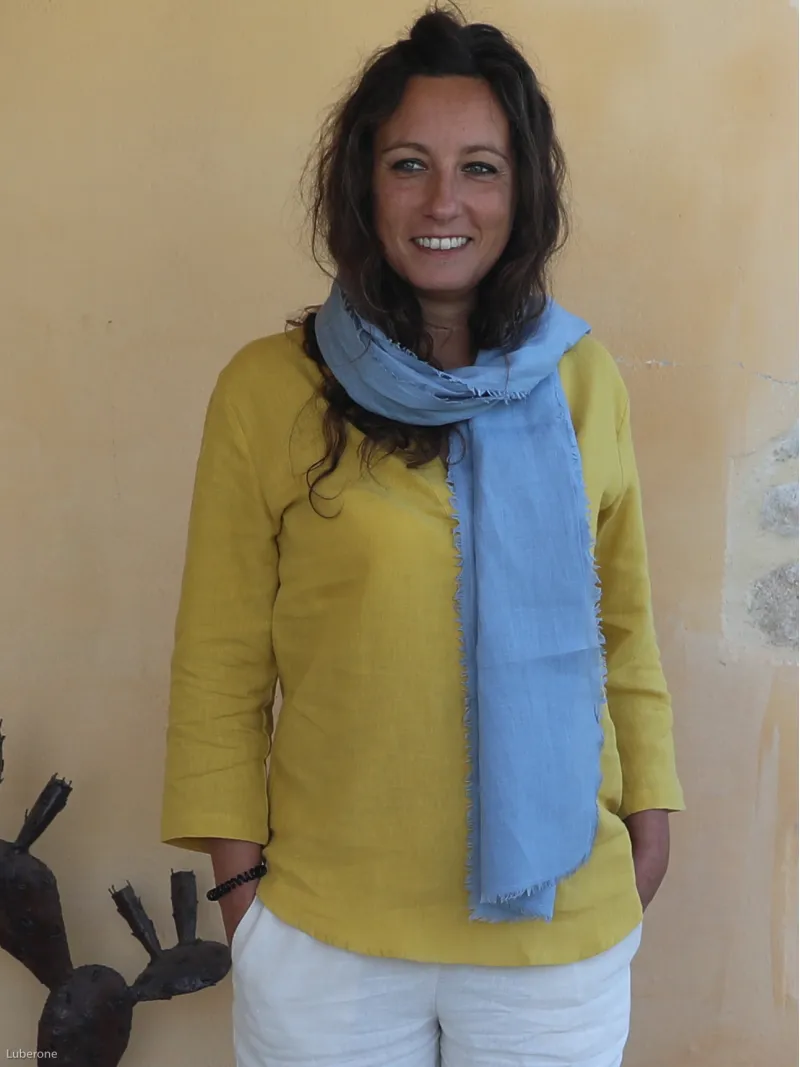 Top en lin jaune manche trois quart femme