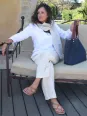 Navy linen tote bag Leather handles worn