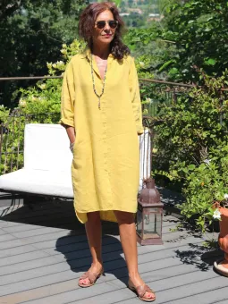 Robe chemise longue avec poche en lin jaune