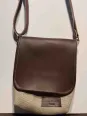 Linen silver grey shoulder bag with a leather flap face