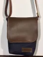 Linen navy shoulder bag with a leather flap face