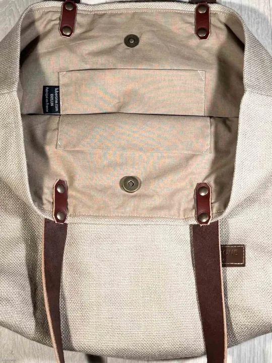 Silver grey linen tote bag closure inside