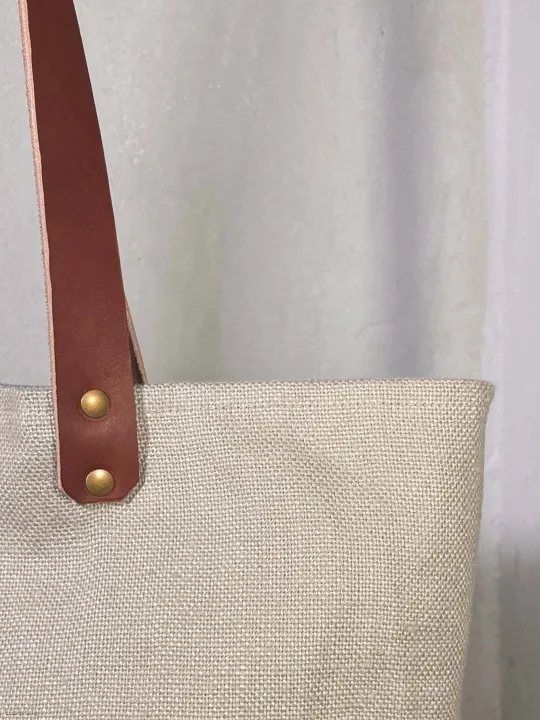 Silver grey linen tote bag closure handle