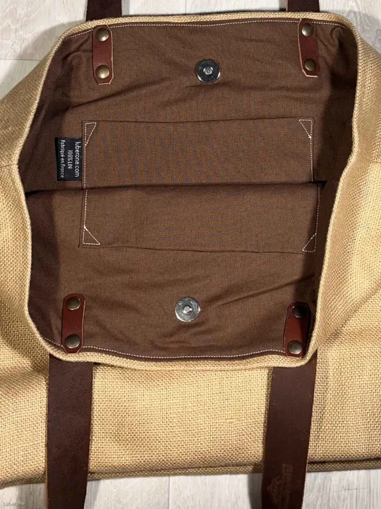 beige linen tote bag closure inside