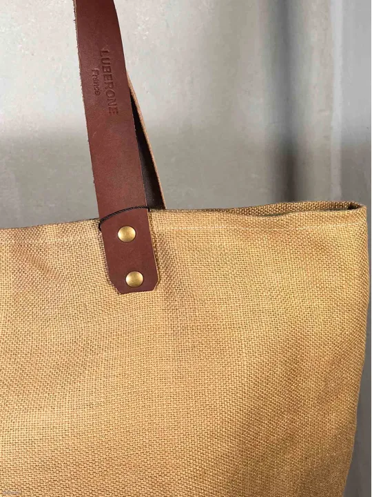 camel linen tote bag closure handles