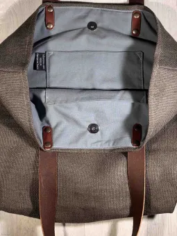 taupe linen tote bag closure inside