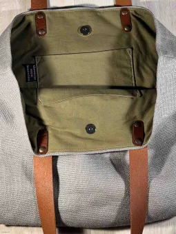 grey linen tote bag closure inside