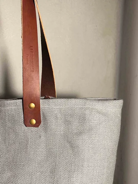 grey linen tote bag closure handle