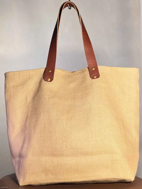 beige linen tote bag closure face