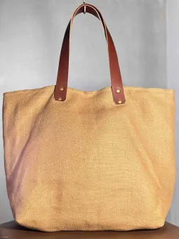 camel linen tote bag closure face