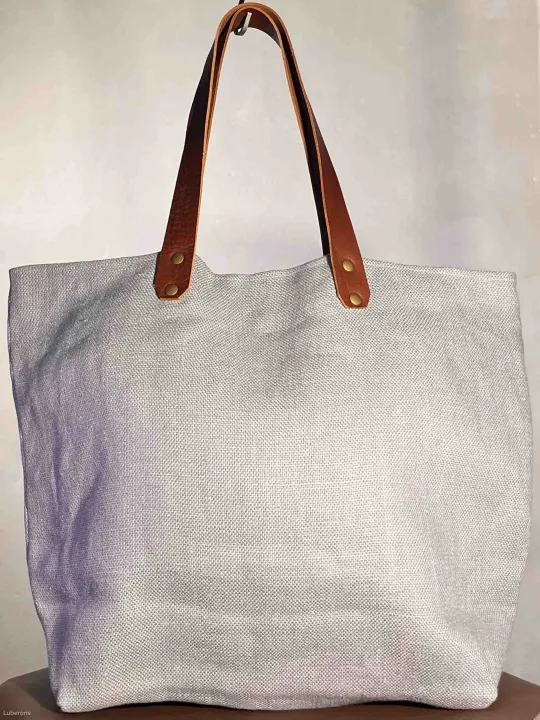 grey linen tote bag closure face