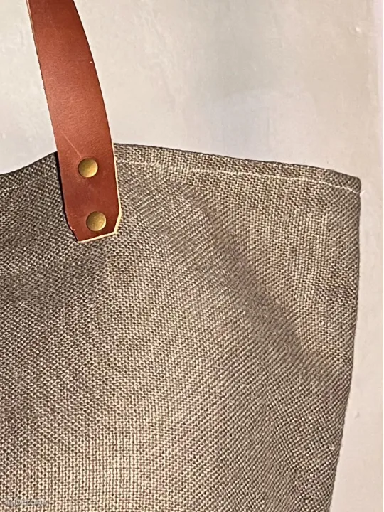 taupe linen tote bag closure handle