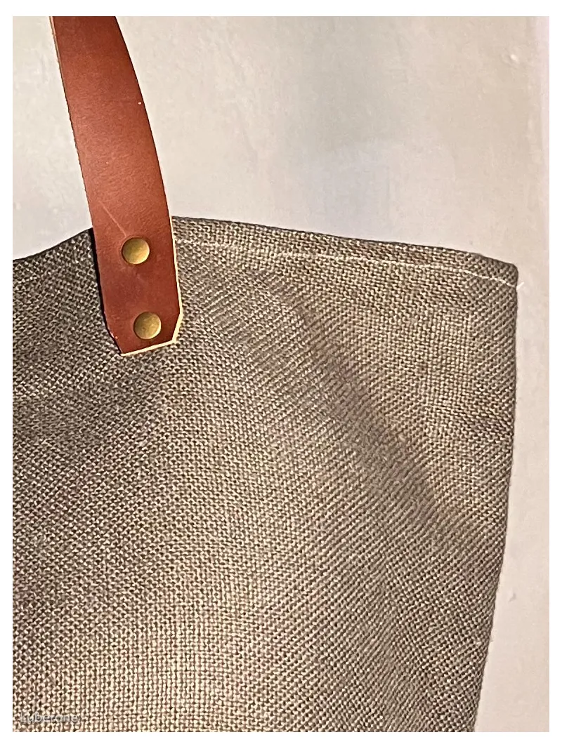 taupe linen tote bag closure handle